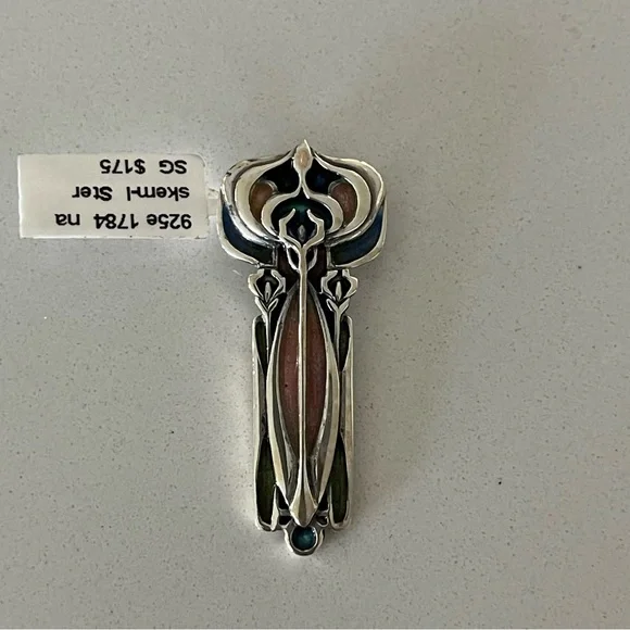 Unique pink & green enameled sterling silver 925 pendant - Picture 4 of 10